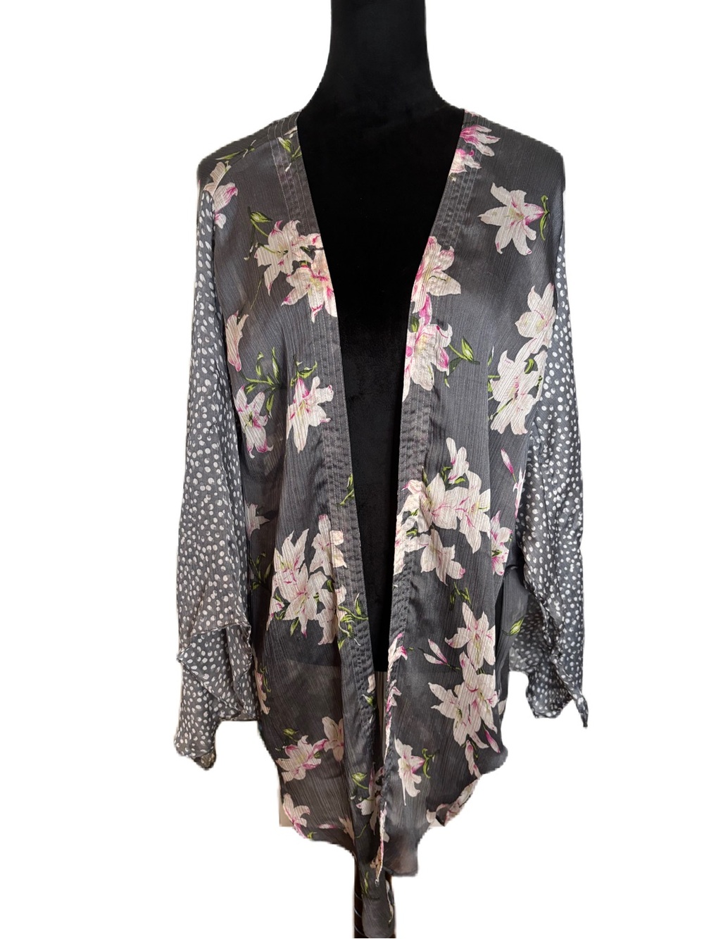Cejon Gray Floral Silk Like Kimono with Pink & Green Accents